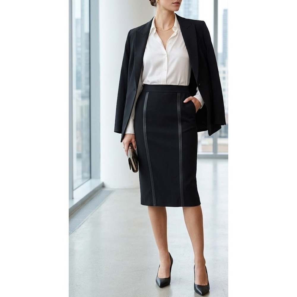 Burberry Black Leather-Trimmed Midi Pencil Skirt Triacetate Tailored Size 6